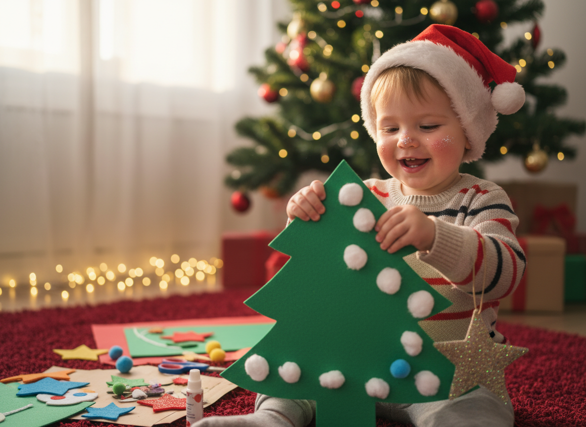 Firefly_Gemini Flash_a toddler making a christmas craft 355763 a small child wearing a red santa hat holding a paper decorated Christmas tree